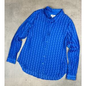 L'AGENCE Holly Chain Print Blue Button Up Long Sleeve Blouse Size L Ret $330